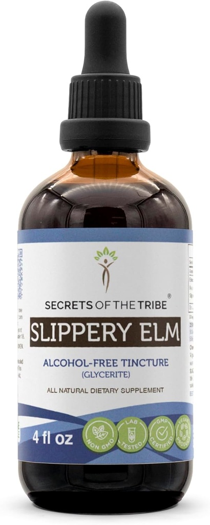 Secrets of the Tribe Slippery Elm Alcohol-Free Liquid Extract, Responsibly farmed Slippery Elm (Ulmus Rubra) Dried Bark 4 FL OZ