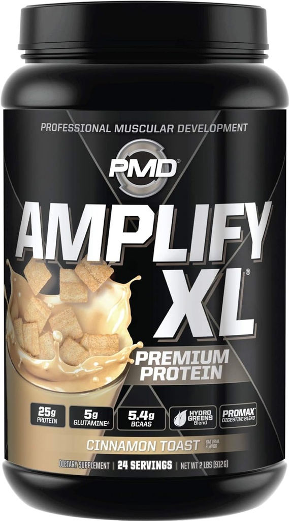 PMD Sports Amplificar XL Premium Whey Protein Suplemento Hydro Greens Blend - Glutamine y Whey Protein Matrix con Superfood for Muscle, Strength y Recovery - Cinnamon Toast (24 Servimientos)