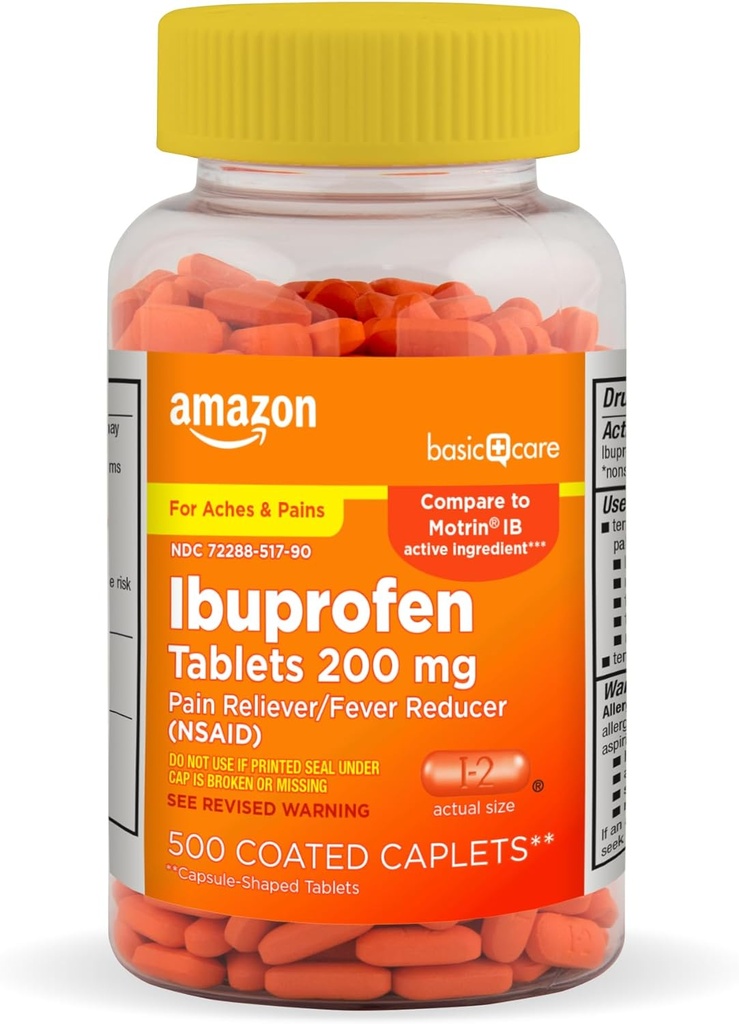   Basic Care Ibuprofen Tablets, 200 mg, Pain Reliever/Fever Reducer, 500 Count