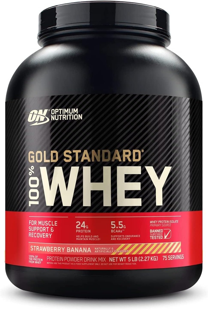 Optimum Nutrition Gold Standard 100% Whey Protein Powder, Strawberry Banana, 5 Pound (Packaging May Vary)