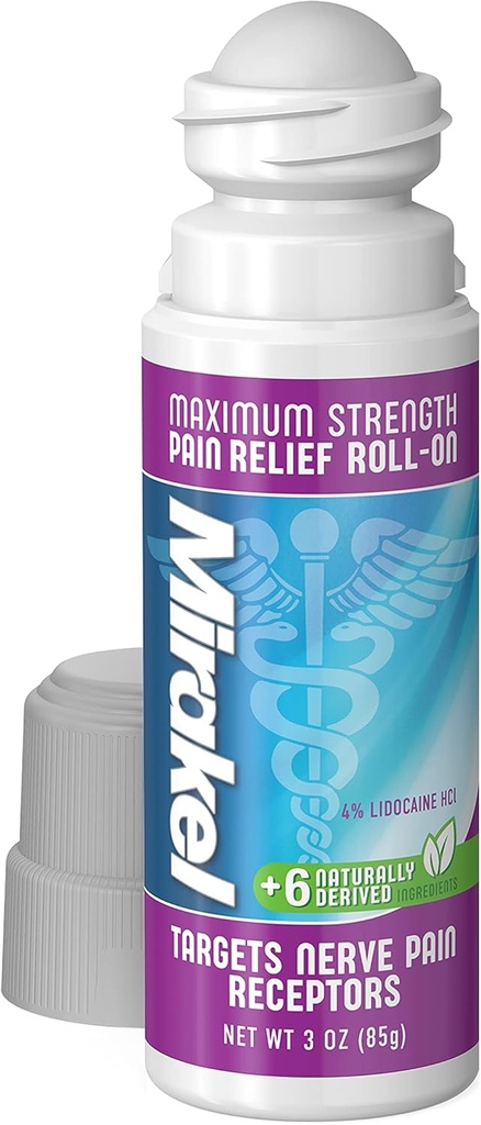 MIRAKEL Nerve Pain Relief Roll-on, Maximum Strength Lidocaine para aliviar el dolor en los pies, pies, pies, manos, piernas y brazos, 3 oz