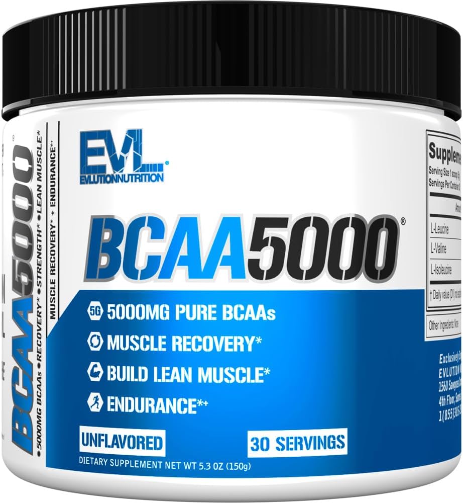 Evlution EVL BCAAs Amino Acids Powder - BCAA Powder Post Workout Recovery Drink and Stim Free Pre Workout Energy - 5g Branched Chain Amino Acids Supplement for Men - Unflavored