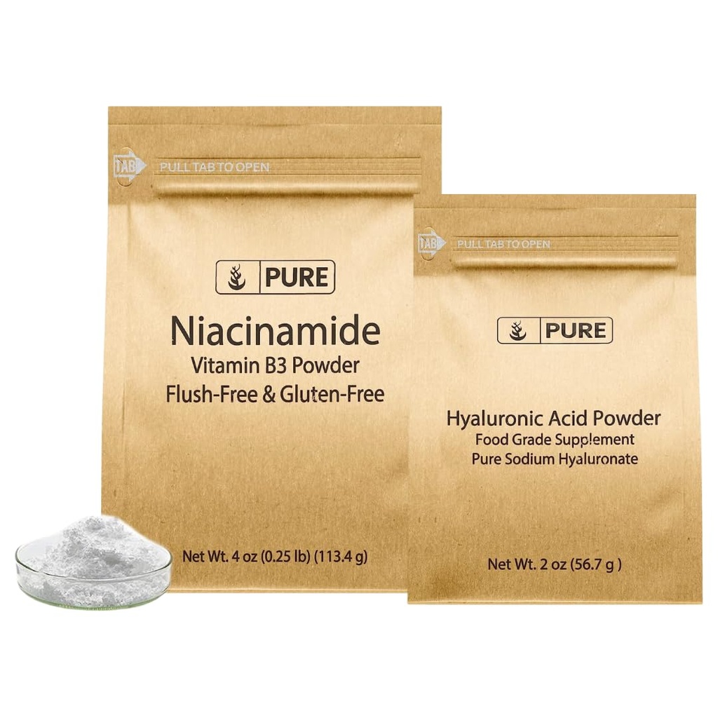 PURE ORIGINAL INGREDIENTES Ácido hialurónico y Niacinamide Bundle, Varios tamaños, libre de fluidos, pólvora fina
