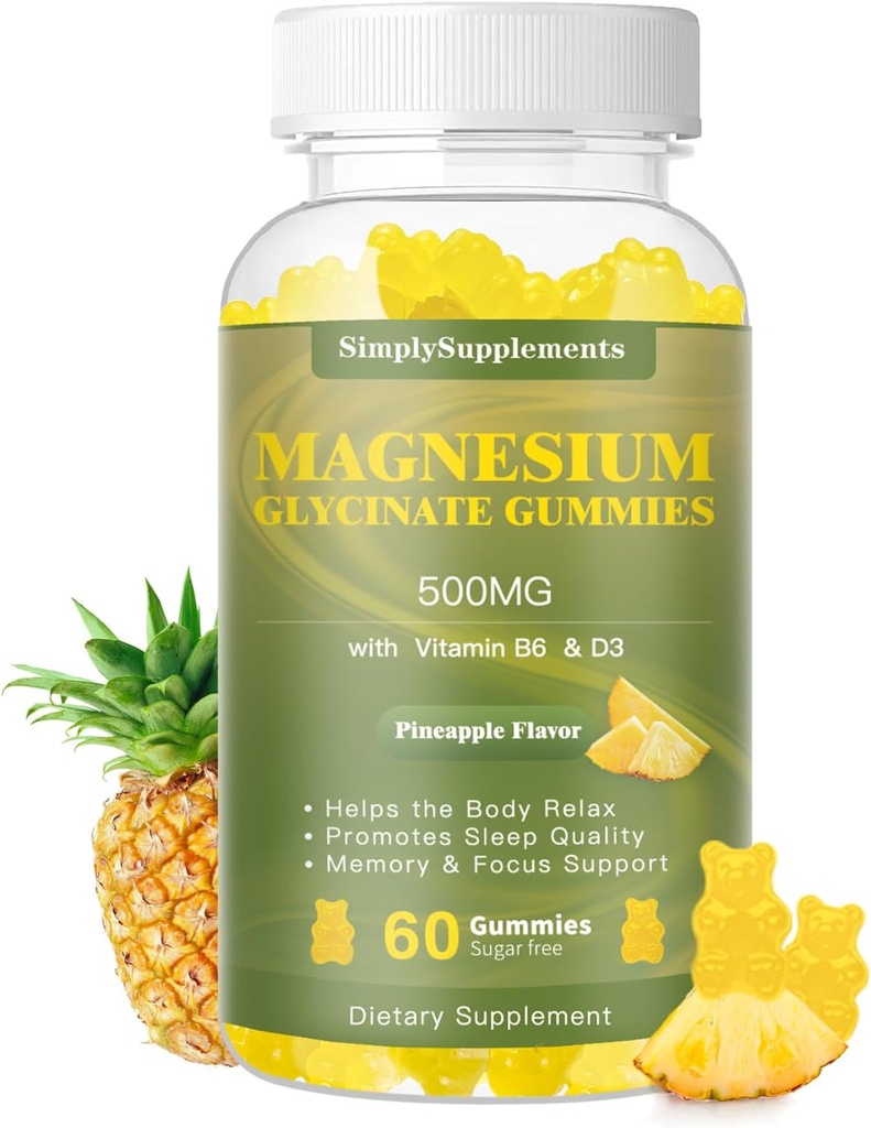 Magnesio Glycinate Gummies 500mg, suplemento de magnesio Chewable con vitamina D3, B6, CoQ10, para la relajación, sostén del sueño &amp; médalo, calma Magnesio Gummy - 60 manijas de piña