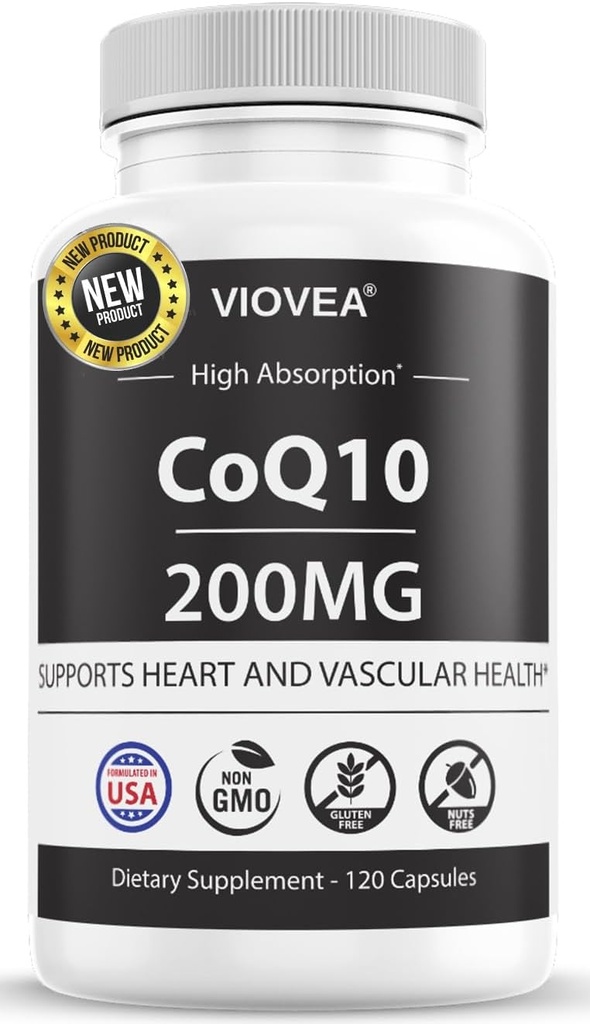 CoQ10 - Hecho en EE.UU., 120 cápsulas, 200 mg (4-Mes de suministro), Ultra alta absorción Coenzima Q10 Suplemento - Antioxidante para el corazón, la salud vascular y el cuerpo energético