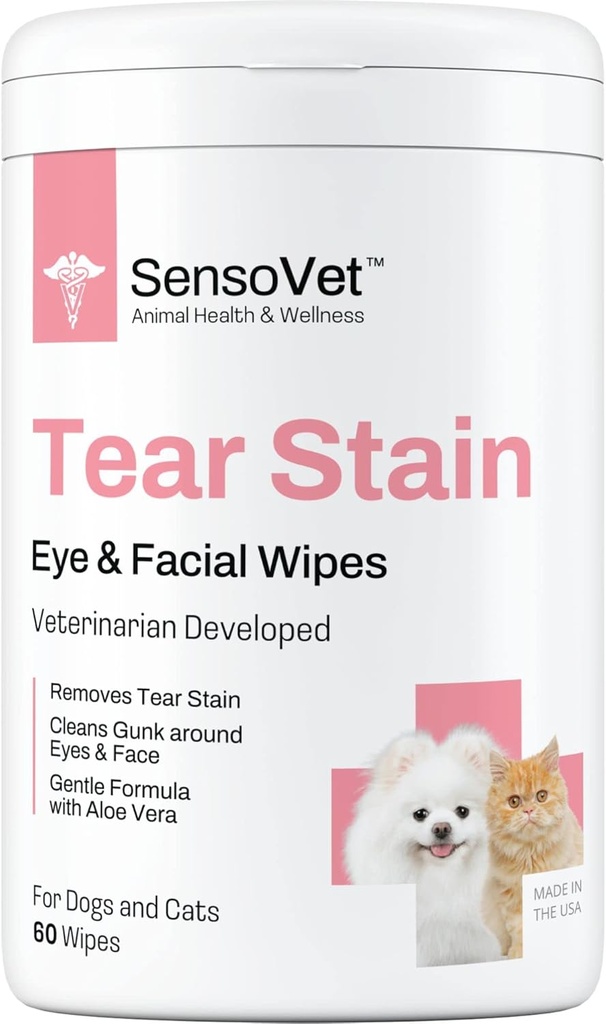 Tear Stain Remover Ojo Wipes para perros &amp; gatos, limpia los ojos y descarga Gunk, limpieza facial con Aloe Vera (Fragrance Free)