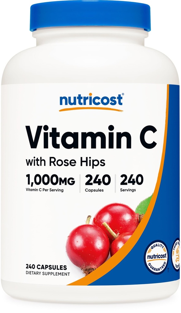 Nutricost Vitamina C con Rosa HIPS 1025mg, 240 cápsulas - Vitamina C 1000mg, Rosa HIPS 25mg, Premium, No GMO, Suplemento Gratis