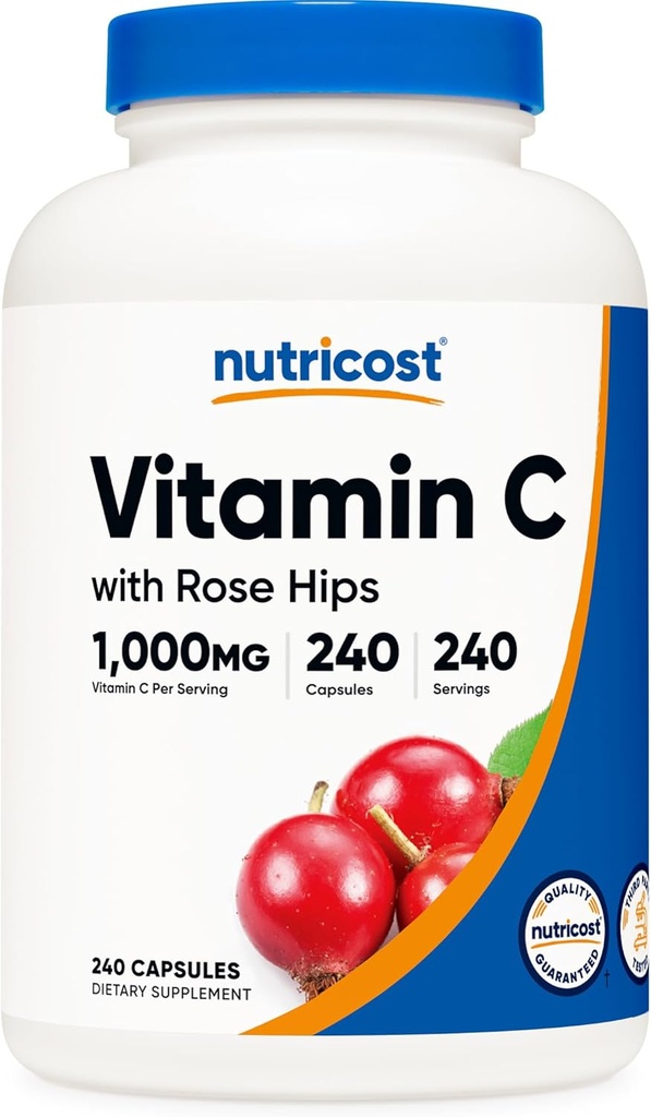 Nutricost Vitamina C con Rosa HIPS 1025mg, 240 cápsulas - Vitamina C 1000mg, Rosa HIPS 25mg, Premium, No GMO, Suplemento Gratis