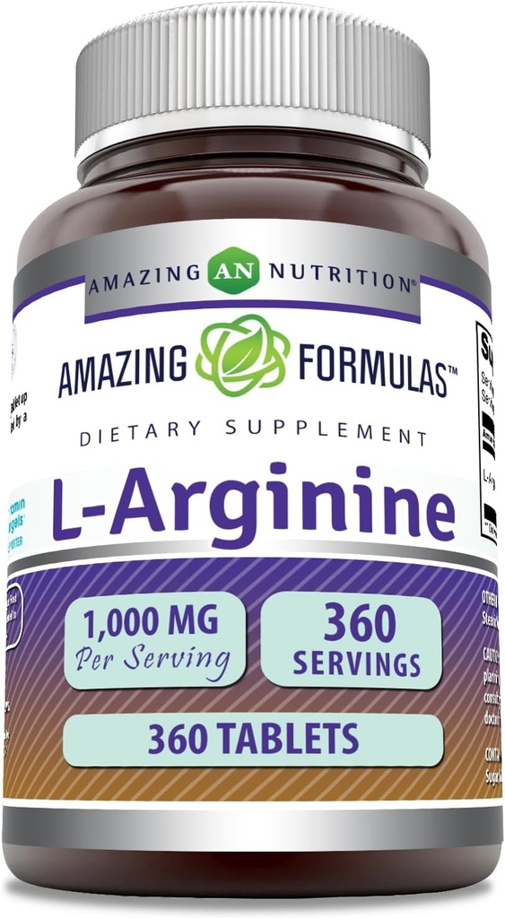Increíble fórmulas L-Arginine Suplemento TENIDO 1000 Mg Por Serving TENIDO Tablets TENIDO Aminoácidos Suplemento para Mujeres y Hombres TENIDO NO-OMG ANTERITO Gluten Free TEN Made in USA (360 Conteo)