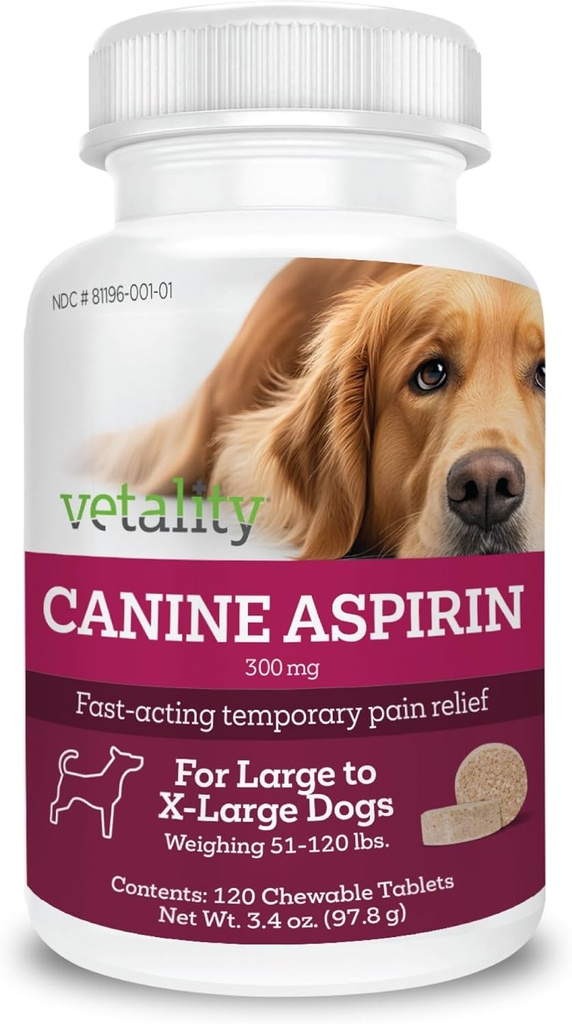 Vetality Canine Aspirin for Dogs | Fast Pain Relief | Large to X-Large Dogs | Liver Flavor | 120 Chewable Tablets