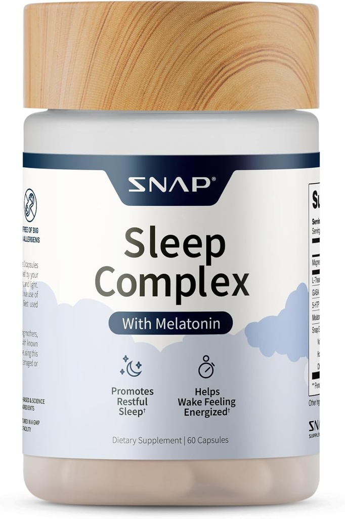 Snap Supplements Natural Sleep Aid with Melatonin & Valerian Root – Supports Relax, Restful Deep Sleep & Nighttime Recovery – 60 cápsulas