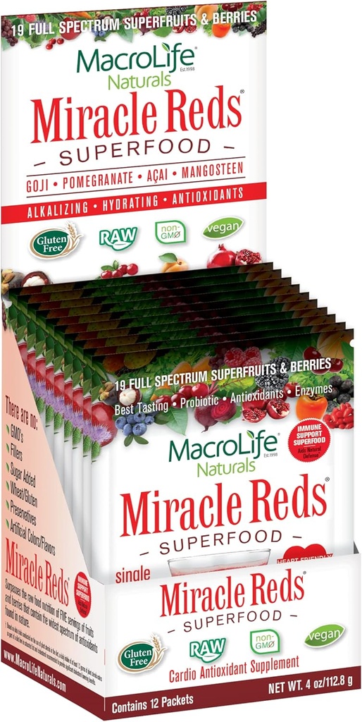 MacroLife Naturales Milagro Rojos Superalimentos Suplemento Polvo Antioxidantes Polifenoles Enzymes Probióticos - Raw Non-GMO Organic Vegan Gluten &amp; Dairy Free (12 Packet)
