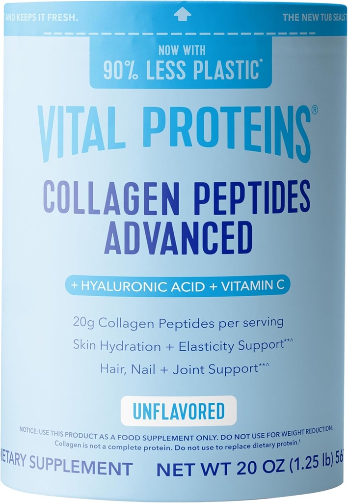 Proteínas vitales Péptidos de colágeno Polvo con ácido hialurónico y vitamina C, Desflavorado, 20 oz
