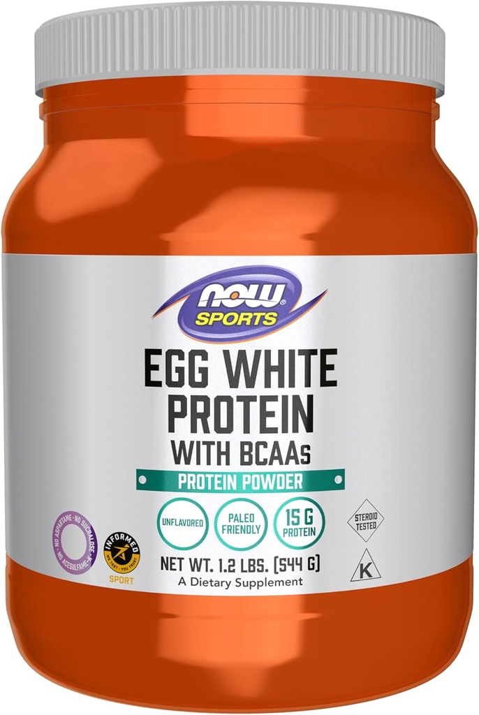 NOW Foods Sports Nutrition, Egg White Protein, 16 g With BCAAs, Unflavored Powder, 1.2-Pound