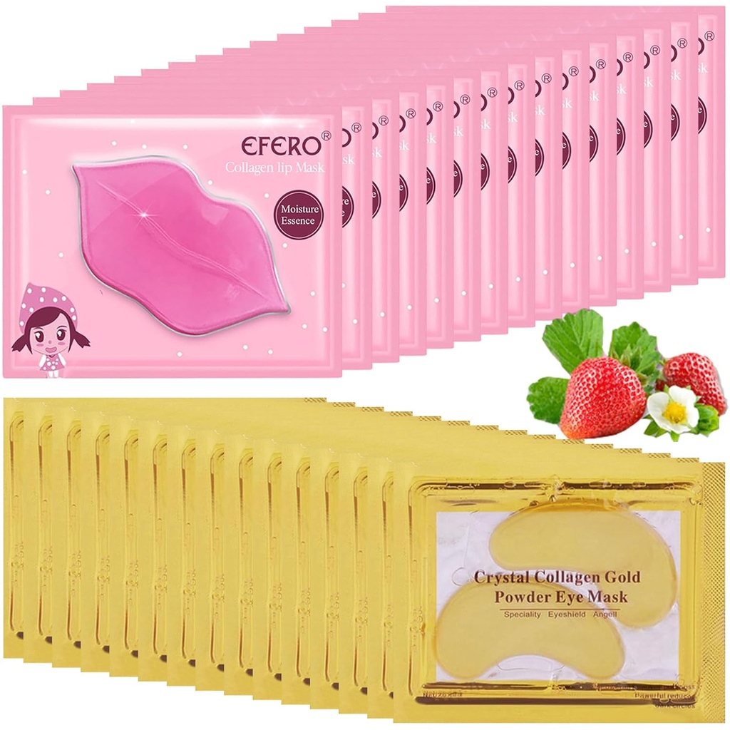 30 Parejas Máscara de Lip &amp; Bajo Mascara de Ojo, Collagen de Cristal de Oro 24K bajo Patches de Ojo para Ojos Puffy, Máscaras de Lip &amp; Eye Skin, Máscaras de Ojo Reducir Líneas Finas &amp; Círculo Oscuro