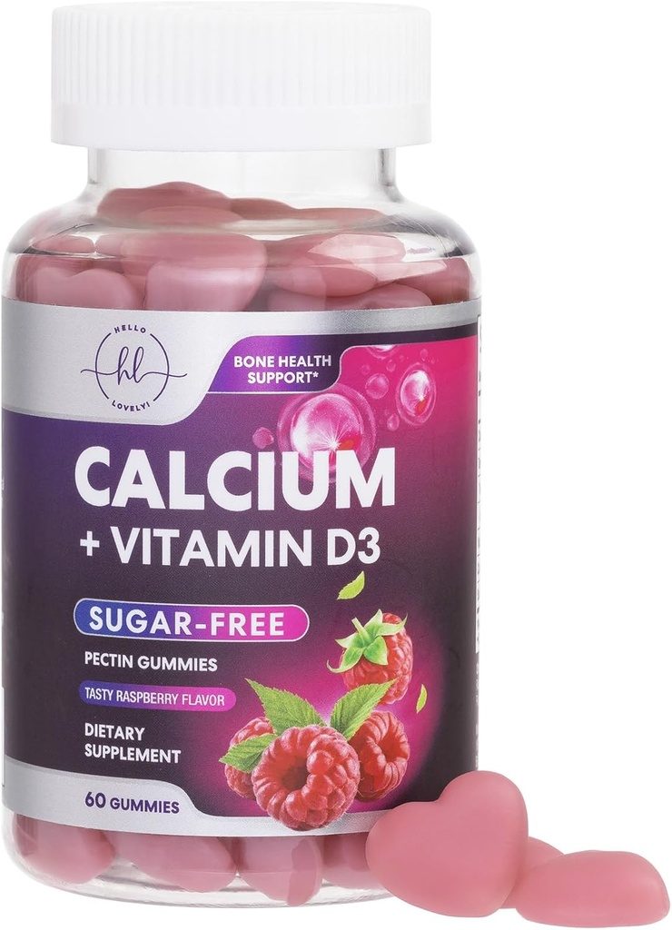 Suplementos de calcio para las mujeres - Gummies de calcio gratis de azúcar con vitamina D3 para la fuerza ósea, dientes &amp; apoyo sanitario inmunitario, cerdas naturales para hombres de mujeres - Raspberry Flavored " Non-GMO - 60 Gummies