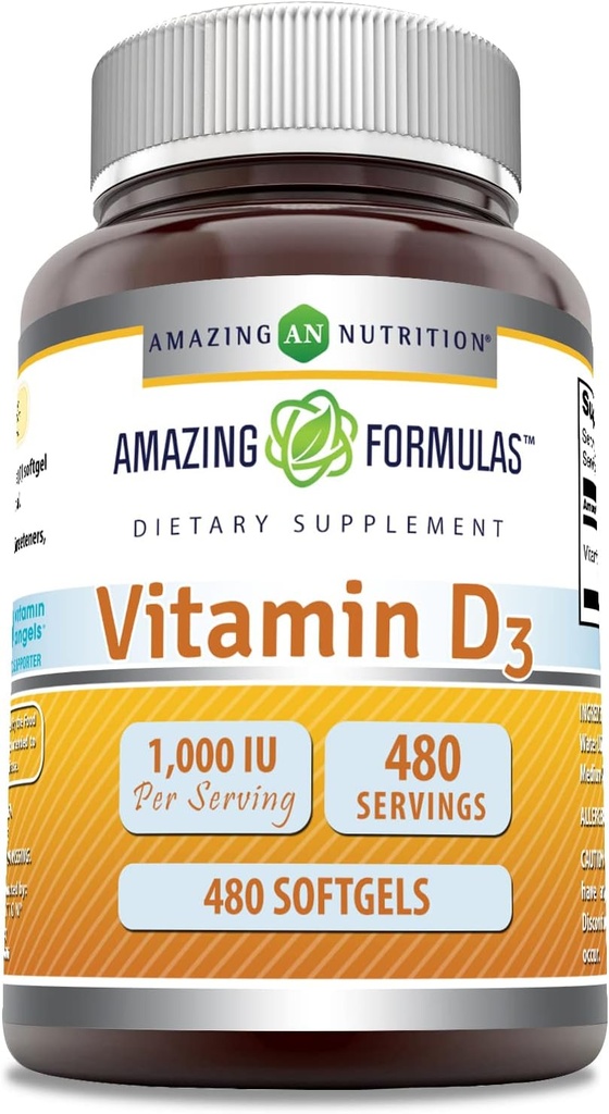 Fórmulas asombrosas Vitamina D3 Suplemento Silencio 1000 UI Silencio 480 Softgels Silencio No Gluten Libre Silencio Made in USA