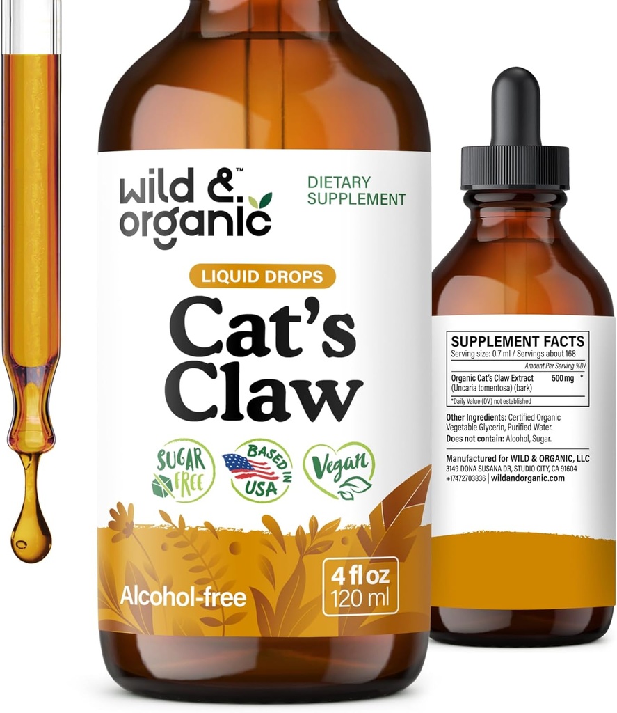 Wild &amp; Organic Cats Claw Tincture - Immune Support Supplement - Cats Claw Herb Liquid Extract - Vegan, Sugar &amp; Alcohol-Free Bark Based Drops - 4 fl oz