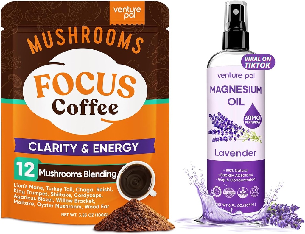 Venture Pal Mushroom Coffee &amp; Magnesium Oil Spray Bundle: 12 en 1 Café con Ashwagandha para Focus &amp; Immunity + Magnesium Oil Spray con lavanda para el alivio del sueño &amp; muscular - 40 Servings &amp; 8 oz