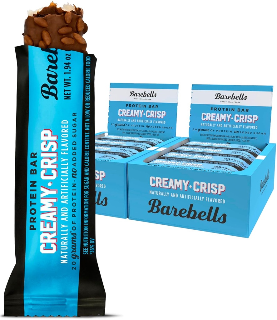 BAREBELLS Protein Bars Creamy Crisp - 12 Count, Pack of 2 - Protein Snacks with 20g of High Protein - Chocolate Protein Bar with 1g of Total Sugars - Perfect on The Go Protein Snack & Breakfast Bars