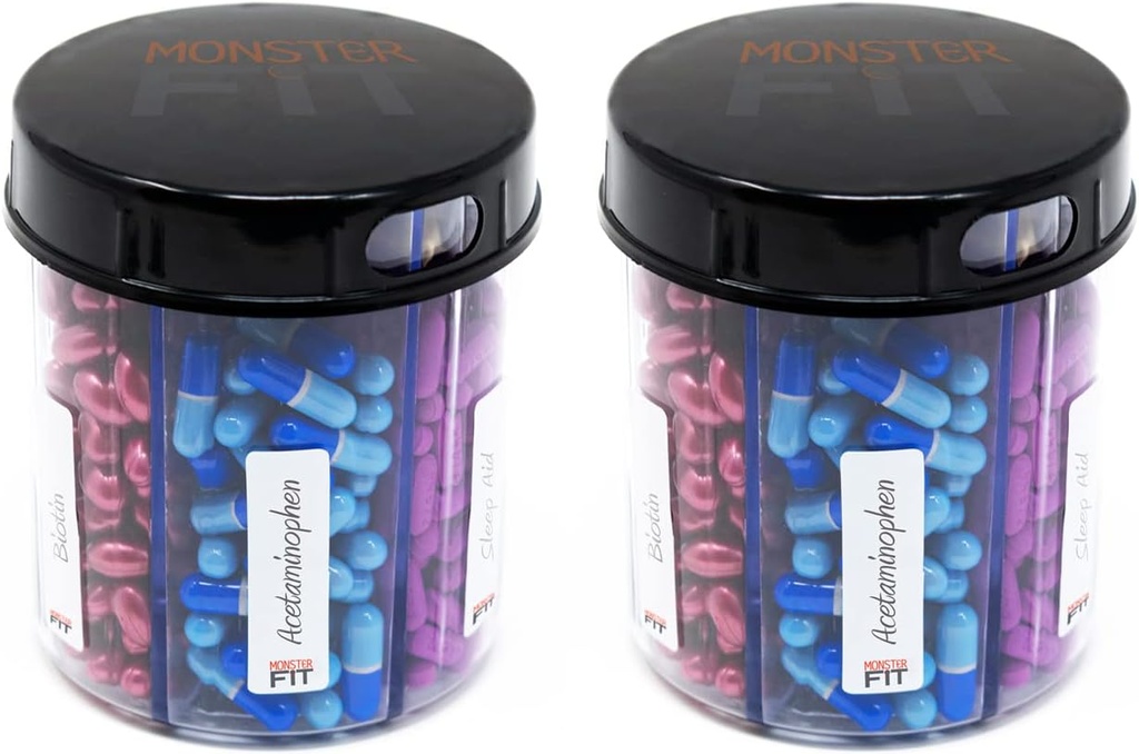 Dispensador de píldoras suplementarias Monster Jr con etiquetas - Mantiene pequeñas vitaminas de medicación mediana y dispensa fácil de One Container Incluye etiquetas de compartimiento (Monster Jr - 2 Pack)