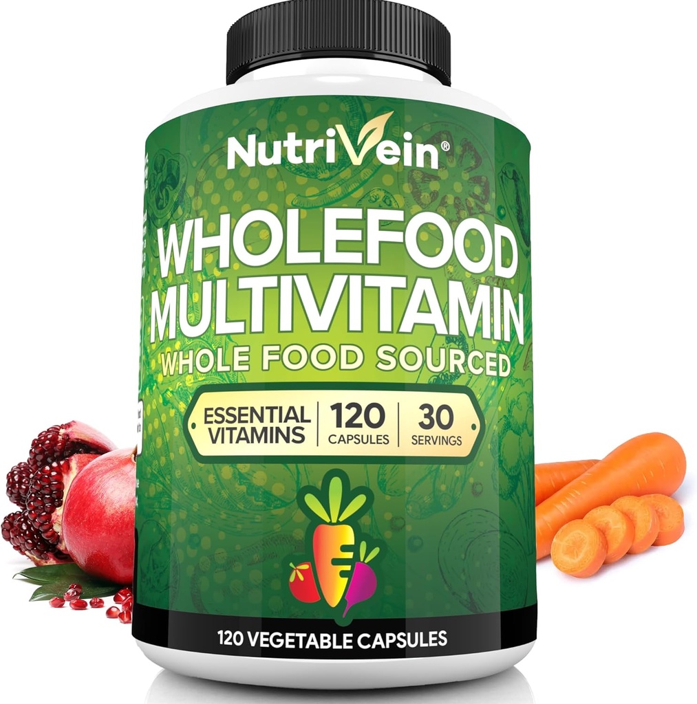 Nutrivein Alimento completo Multivitamina para Hombres – 120 cápsulas de multivitamina veganas para adultos – Energía diaria, inmune y apoyo al corazón – Frutas primas &amp; vitaminas vegetales + B - No previsto para niños