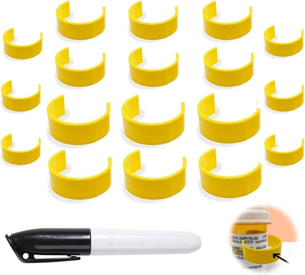 Clips para botellas de pill, clips de etiqueta de botella de medicina para la identificación de medicamentos fáciles, paquete con pluma de etiquetas, adecuado para uso diario o viaje (18)