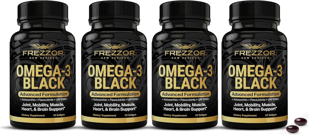 FREZZOR Omega 3 Negro - más alta fuerza verde de las capas de aceite de mejillón, fabricado en Nueva Zelanda, UAF1000+, Inflamación, Cuidado Conjunto &amp; Alivio, Corazón &amp; Apoyo Inmunitario, 60 Cuenta (Pack of 4)