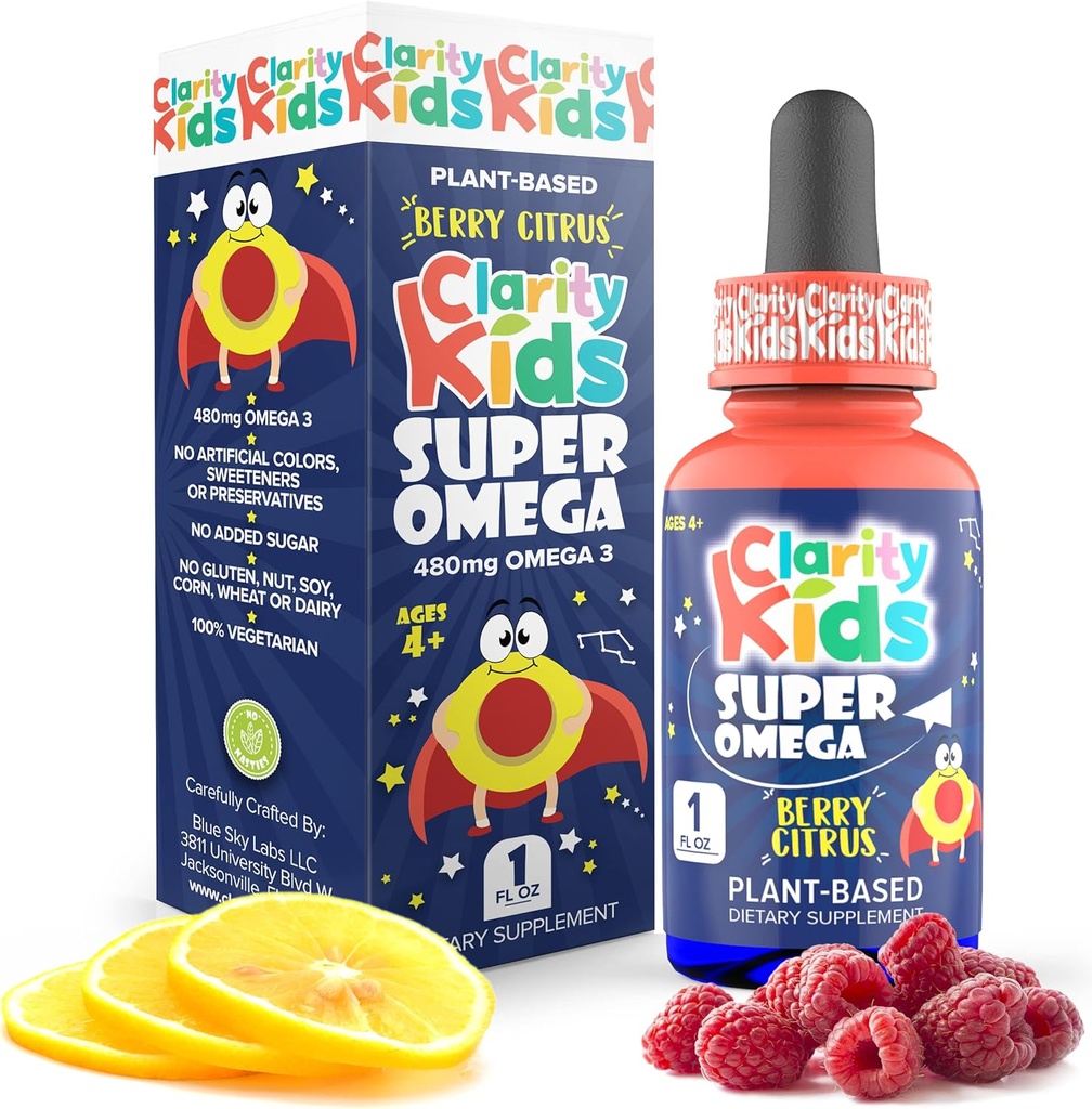 Clarity Kids Super Omega con DHA + EPA Omega 3 para un mejor enfoque " Calidad Alga del sueño Omega 3 líquido (1 mL por servicio) Todas las gotas naturales DHA para niños EE.UU. Hicieron suplemento (1 fl oz)