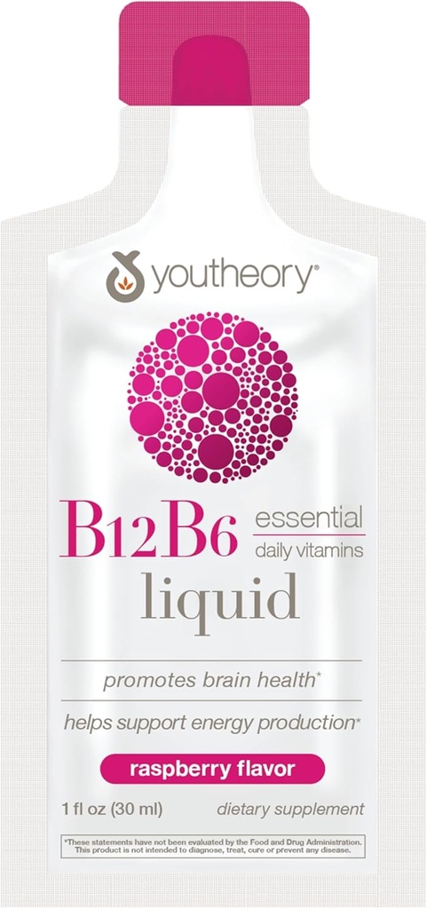 Youtheory Vitamin B12 B6, Daily Energy and Brain Support Supplement, Liquid Raspberry Flavor, 12 – 1oz Single Serving Packets