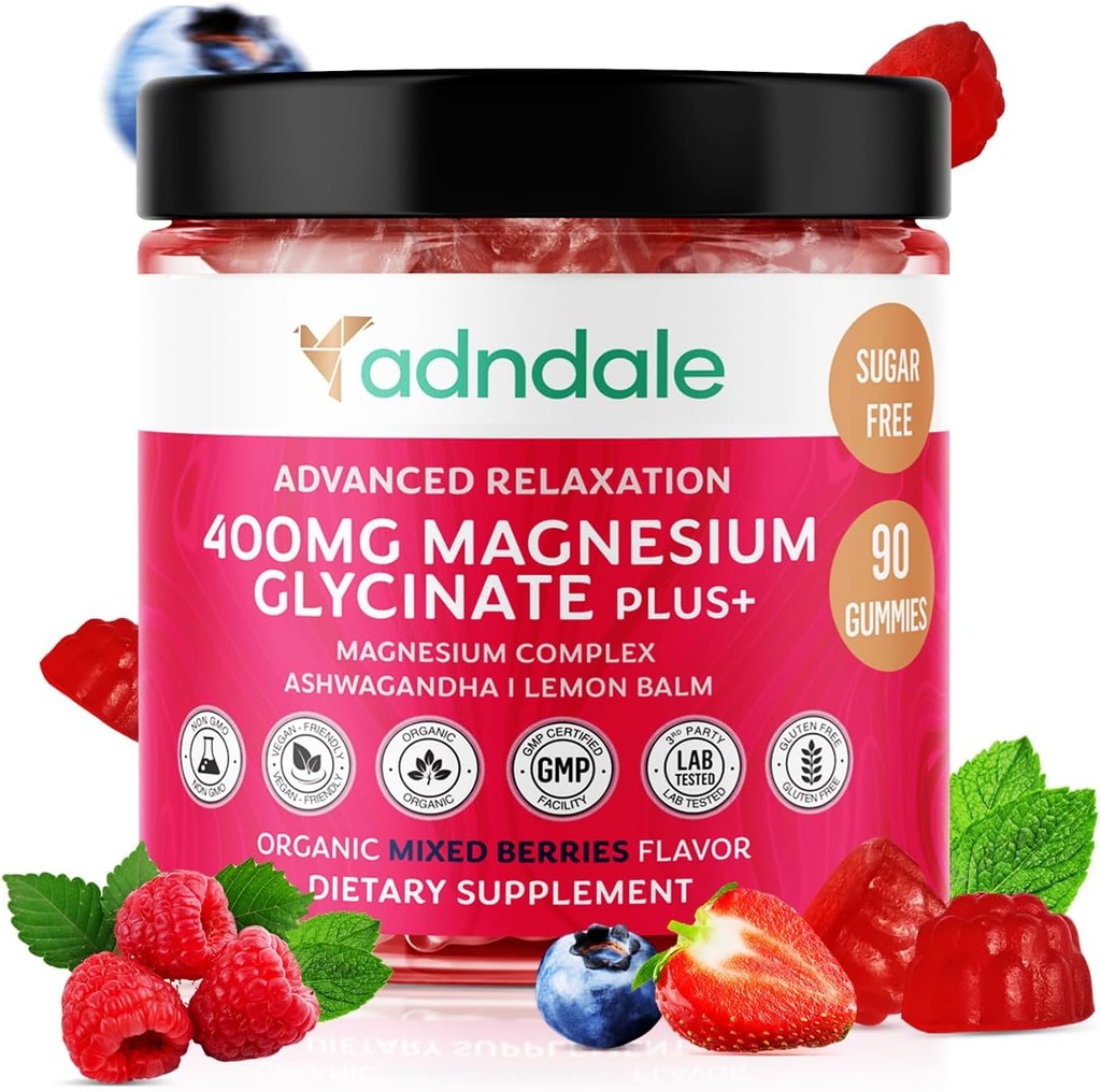 Adndale 90 CT Magnesium Glycinate Gummies 400 mg/Serv con Ashwagandha, Magnesium Malate & Taurate, Azúcar Chews gratis para adultos &amp; niños.