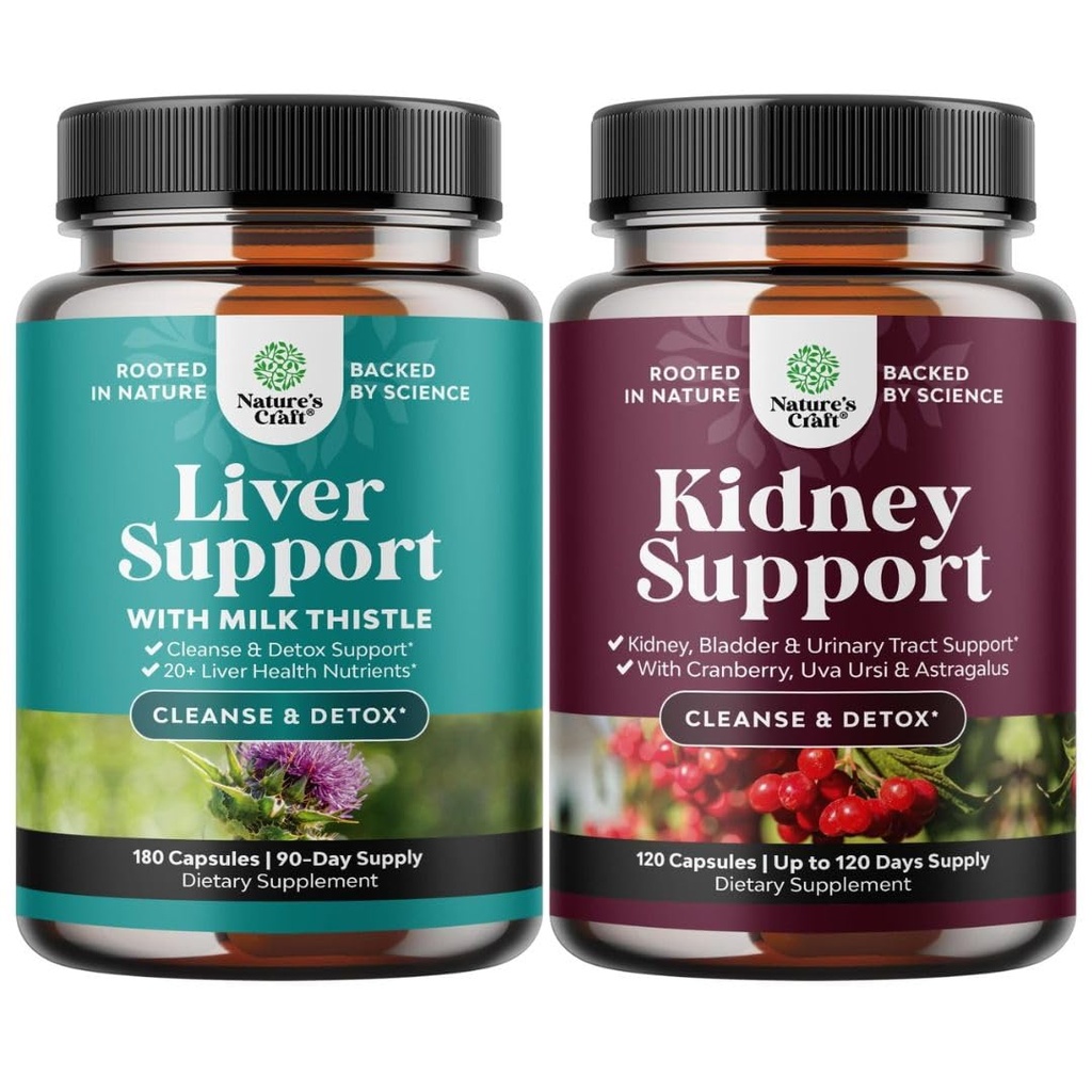 Bundle of Liver Cleanse Detox with Milk Thistle Dandelion Root Choline Beetroot Artichoke and Kidney Support with Cranberry Uva Ursi Stinginginging Nettle Chanca Piedra for Urinary Tract and Bladder Health