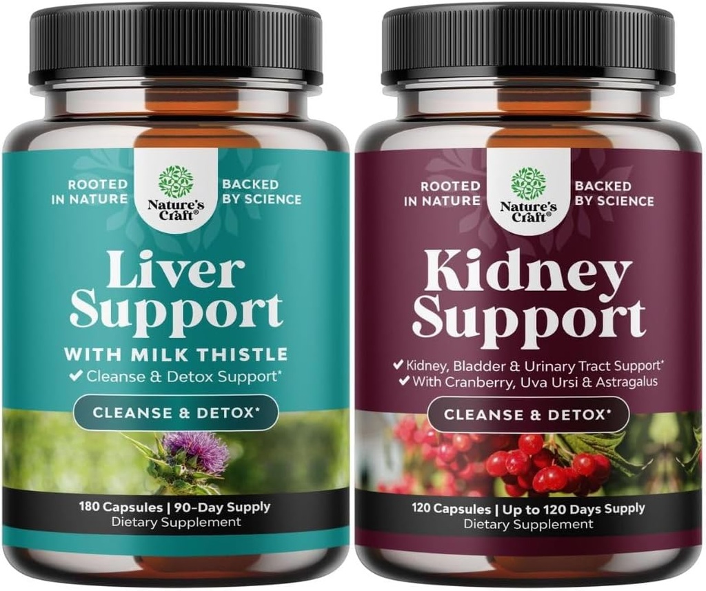 Bundle of Liver Cleanse Detox with Milk Thistle Dandelion Root Choline Beetroot Artichoke and Kidney Support with Cranberry Uva Ursi Stinginginging Nettle Chanca Piedra for Urinary Tract and Bladder Health
