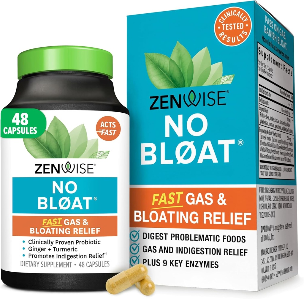 Zenwise Health No Bloat Digestive Enzymes for Gut Health, Gas &amp; Bloating Relief - Multi Enzymes Digestion Supplement with Probiotics, Ginger, Turmeric Dandelion & Lactase - Hombres - 48 Conde