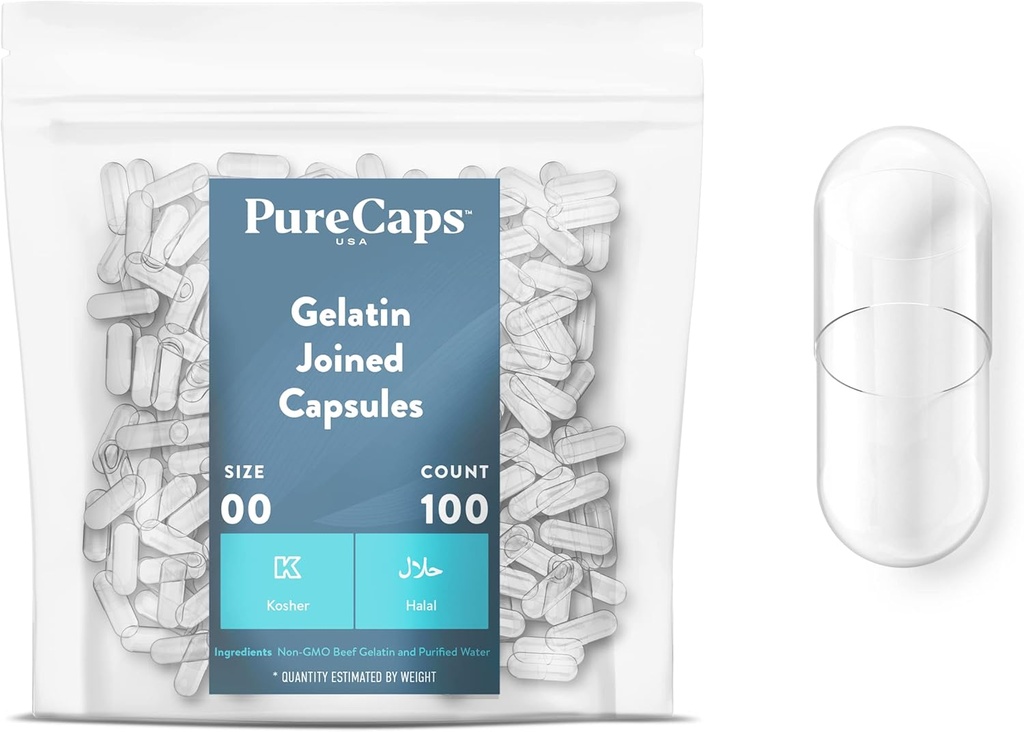 PureCaps USA - Empty Gelatin Capsules Size 00 vírgenes 100 Únete a Pills   Clear Anterior Non-GMO Certified durable SLS, Gluten, Preservative Free
