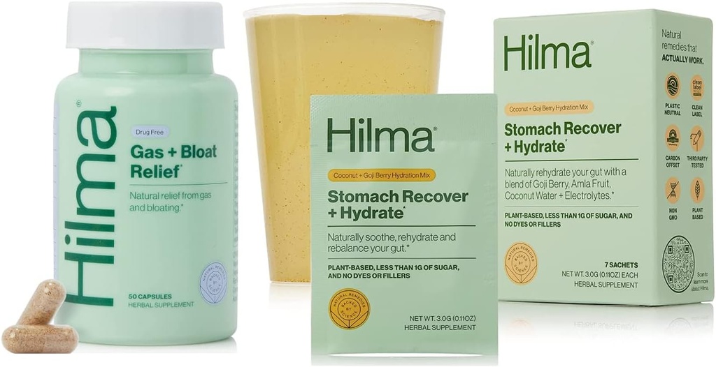 Hilma Natural Gas &amp; Bloating Relief and Stomach Recover + Hydrate - Organic Electrolyte Powder with Prebiotics and Gastroprotective Herbs Bundle