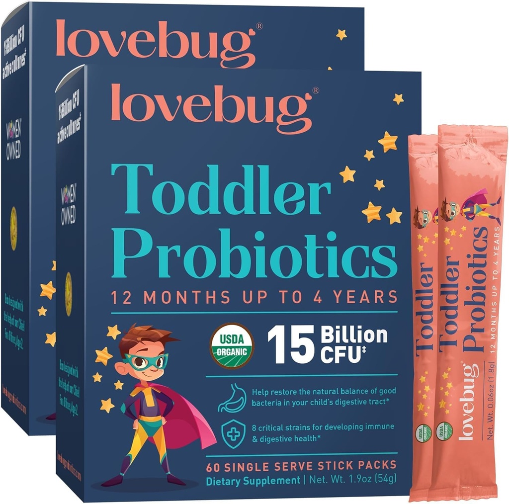 LOVEBUG Kids Probiotic Powder with Prebiotic Fiber - Toddler Immunity Support &amp; Constipation Relief - USDA Organic Probiotics for Childrens Gut & Digestive Health (Ages 1-4) - 60 Pack (Unflavoured)