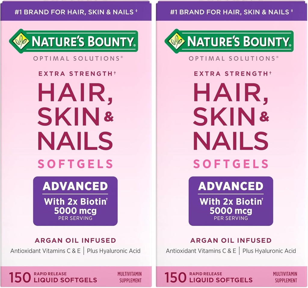 La recompensa de la naturaleza pelo avanzado, uñas de piel, suplemento de vitamina arganada con ácido biotin e hialurónico, 150 Softgels de liberación rápida (Pack of 2)