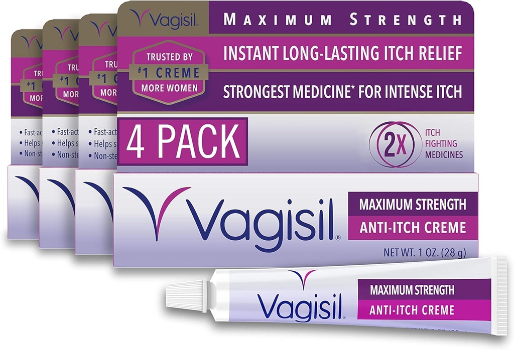 Vagisil Máximo Estrés Crema Femenina Anti-Itch con Benzocaina para Mujeres, ayuda a aliviar la irritación de la infección por levadura, Gynecólogo testado, acción rápida, calma y esquía de refrigeración, 1 oz (Pack de 4)