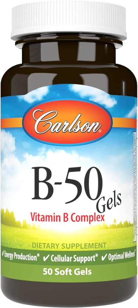 Carlson - B-50 Gels, Complejo de vitamina B, Producción de energía, Soporte celular y bienestar óptimo, 50 Softgels
