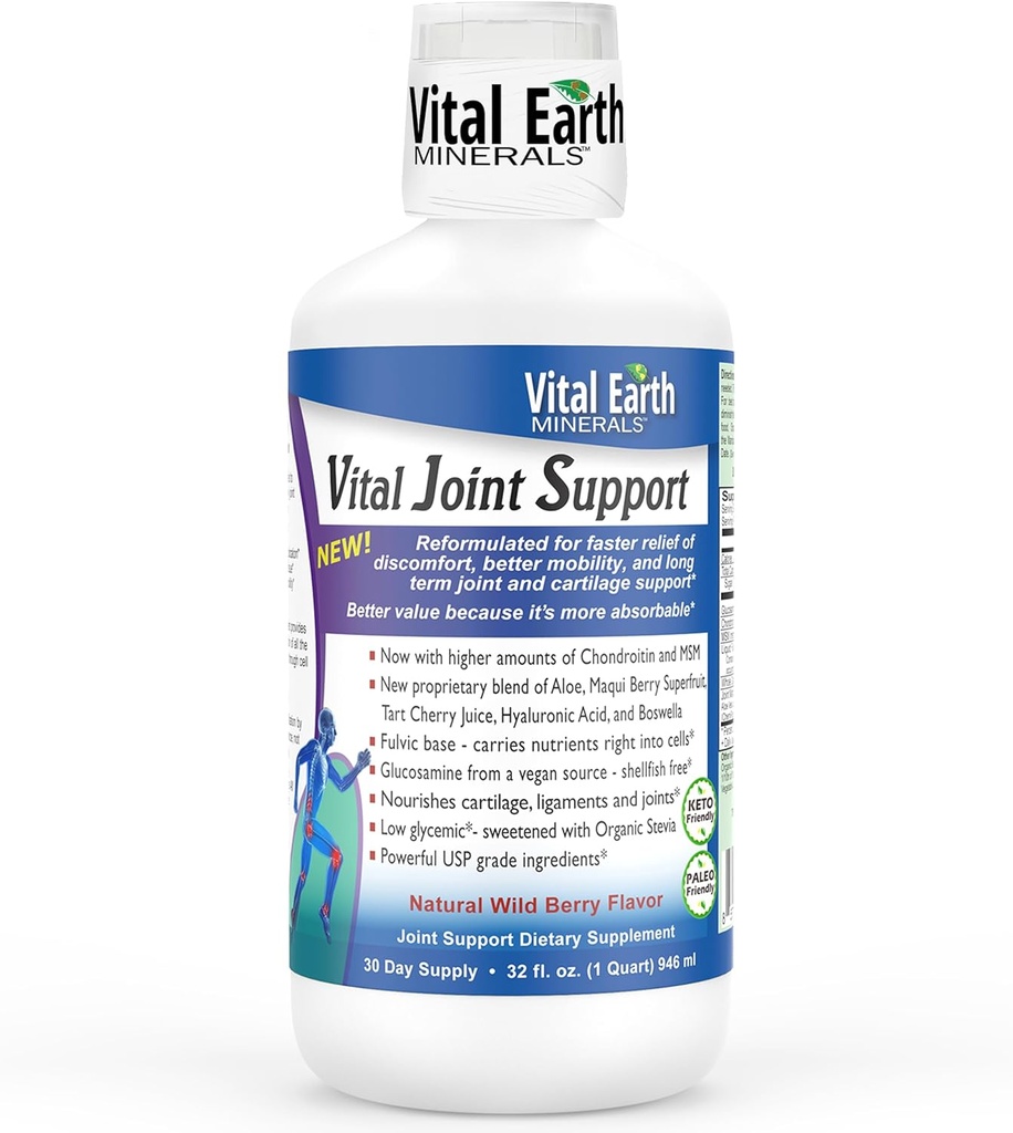Suplemento de Apoyo Conjunto Vital de Tierra Líquida – Glucosamina, Condroitina, MSM Plus Ácido Hialurónico, Boswellia & Ácido Fulvico (70+ Minerales Trace), 32 Oz + 1 Copa Oz