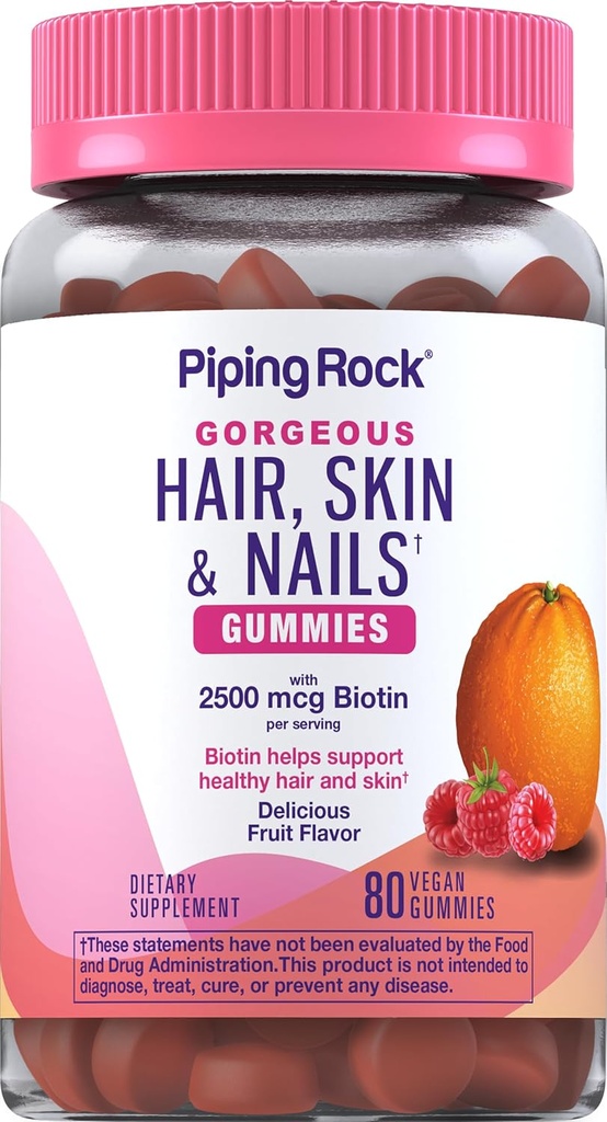 Piping Rock Hair Skin and Nails Vitaminas TEN 80 Gummies TENIDO 2500 mcg de Biotina TEN Mujeres Multivitamínicas TENIDAS con Vitamina C y E ANTERITO Fruit Flavor TENIDO Non-GMO, Gluten Free Supplement