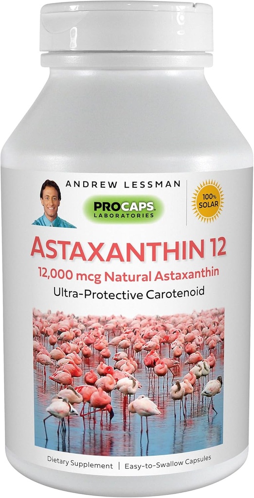ANDREW LESSMAN Astaxanthin 12mg - 30 Softgels - 12000 mcg Natural Astaxanthin, Powerful Anti-Oxidant Carotenoid. Protección para los ojos, corazón, piel y más. Sin aditivos. Easy to Swallow Softgels
