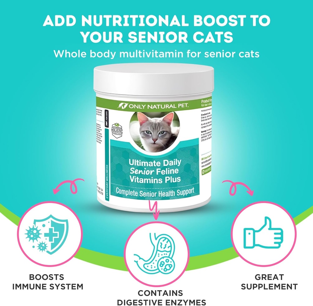Únicamente PET NATURAL Ultimate Daily Senior Feline Multivitamin w/Taurine & L-Lysine – Powder Suplemento Nutricional para gatos adultos &amp; mayores – Immune &amp; Soporte Conjunto – Full Vitamin Formula, 3.2oz