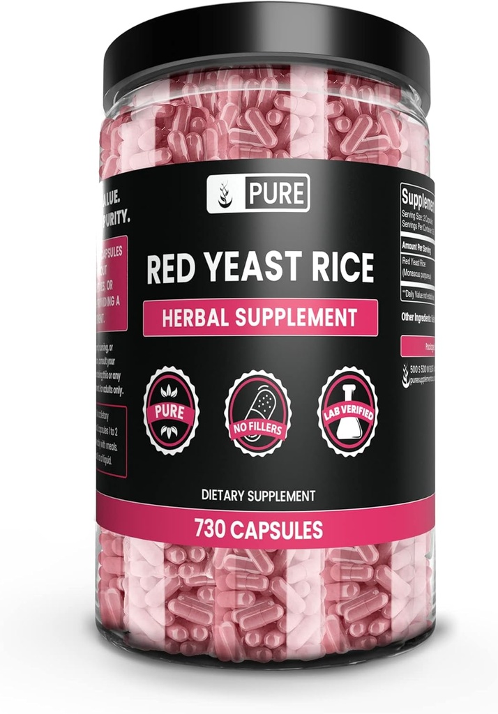 Ingredientes originales puros Rice de levadura roja No de magnesio o de arroz, siempre puro, laboratorio verificado (730 cápsulas)