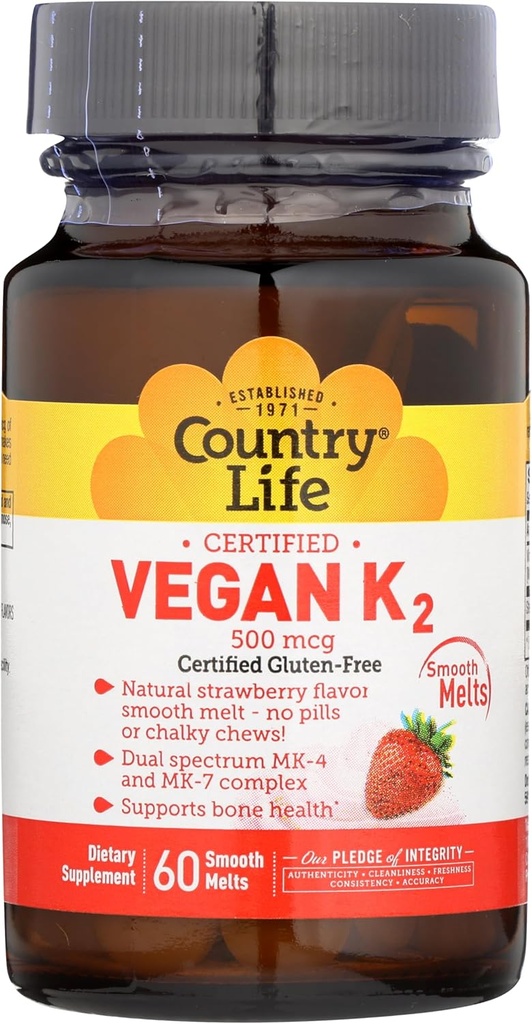 Country Life Vegan Vitamin K2, 500 mcg, Dual Spectrum MK-4 y MK-7 Complex, soporta Bone " Teeth Health, 60 Chewable Tablets, Strawberry Flavor