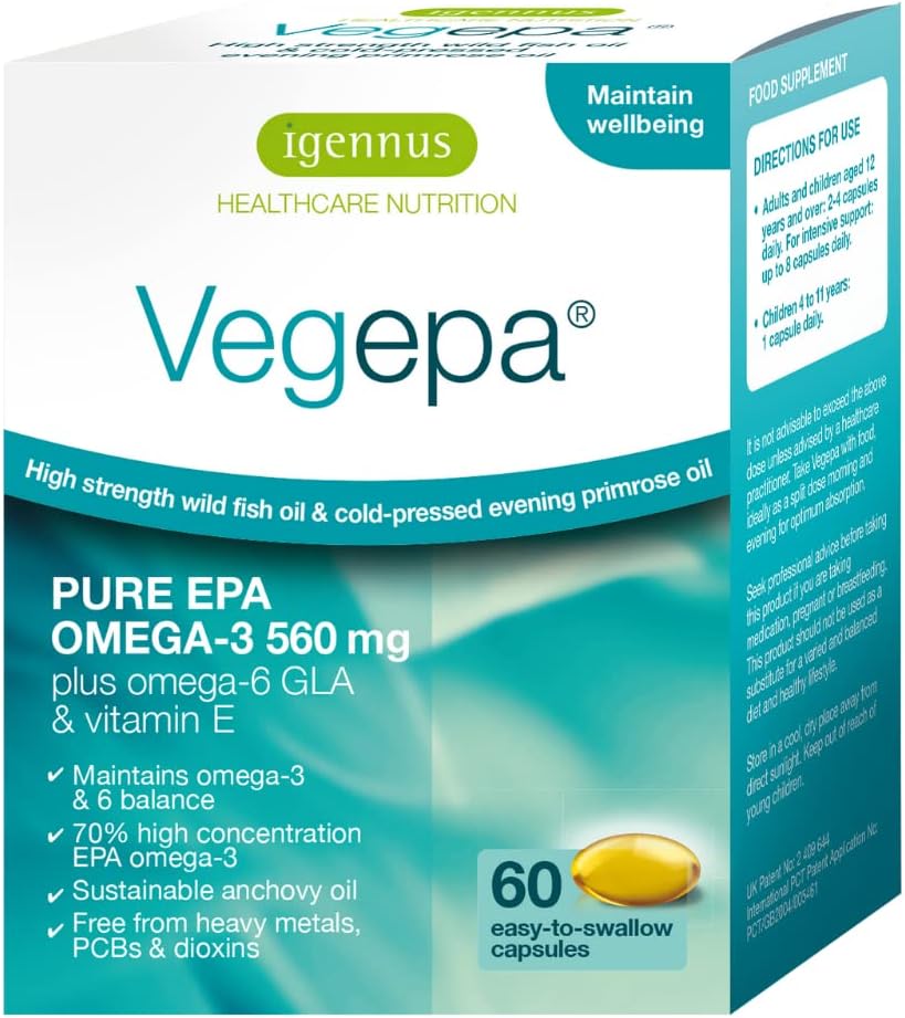 Igennus Vegepa Omega 3 Aceite de pescado silvestre " Aceite de pie de montaña, 560 mg EPA Plus GLA, 60 pequeños Softgels