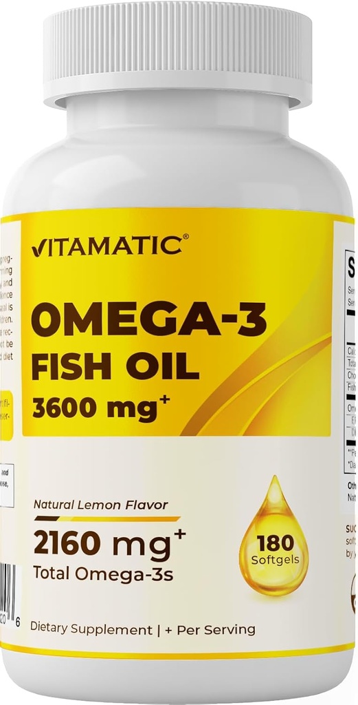 Vitamatic Triple Strength Omega 3 Fish Oil 3600mg Por Serving, 2160mg Omega 3 ácidos grasos, 1296mg EPA + 864mg DHA, Burpless Lemon Flavor, 180 Softgels