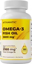 Vitamatic Triple Strength Omega 3 Fish Oil 3600mg Por Serving, 2160mg Omega 3 ácidos grasos, 1296mg EPA + 864mg DHA, Burpless Lemon Flavor, 180 Softgels