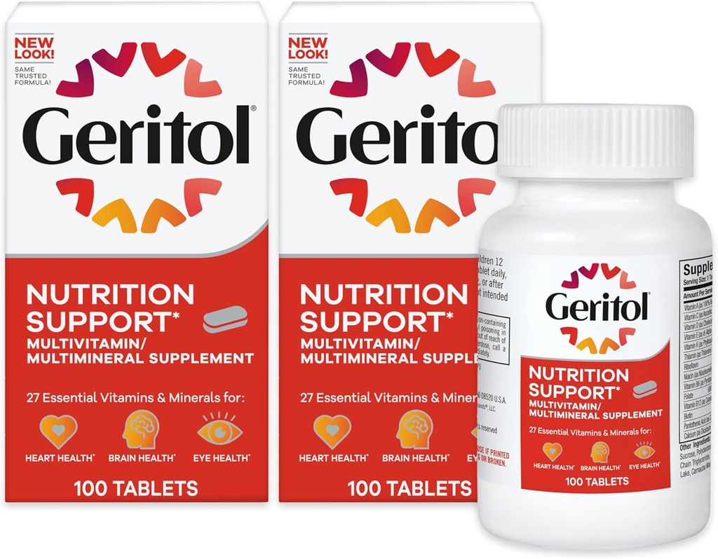 Geritol, Suplemento Multivitamínico, Contiene B-Vitaminas, Antioxidantes, Vitaminas C, E &amp; D e Hierro, 26 Vitaminas y Minerales Esenciales, Sin gluten, No OGM, Sin Dulces Artificiales, 100 Tabletas - 2ct